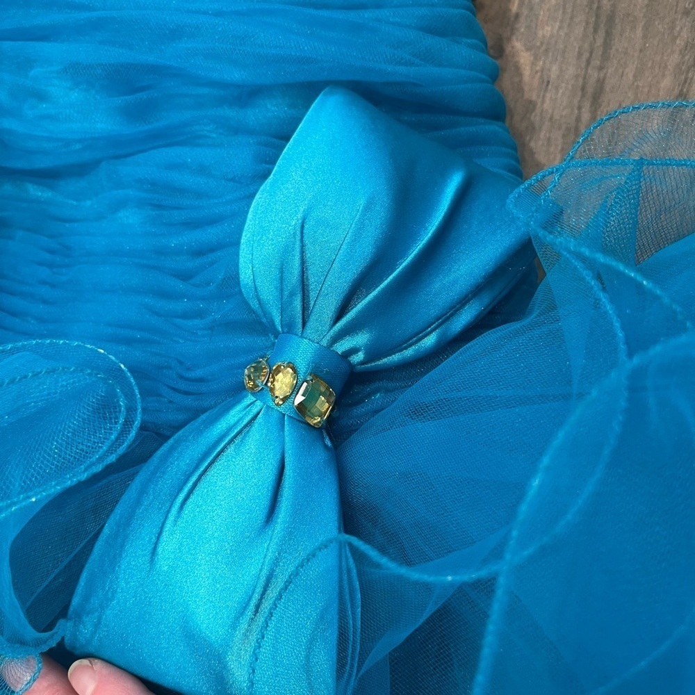 sherri hill 2326 Turquoise size 2 cocktail dress bow Rhinestone Flounce Ruffle - Picture 8 of 15